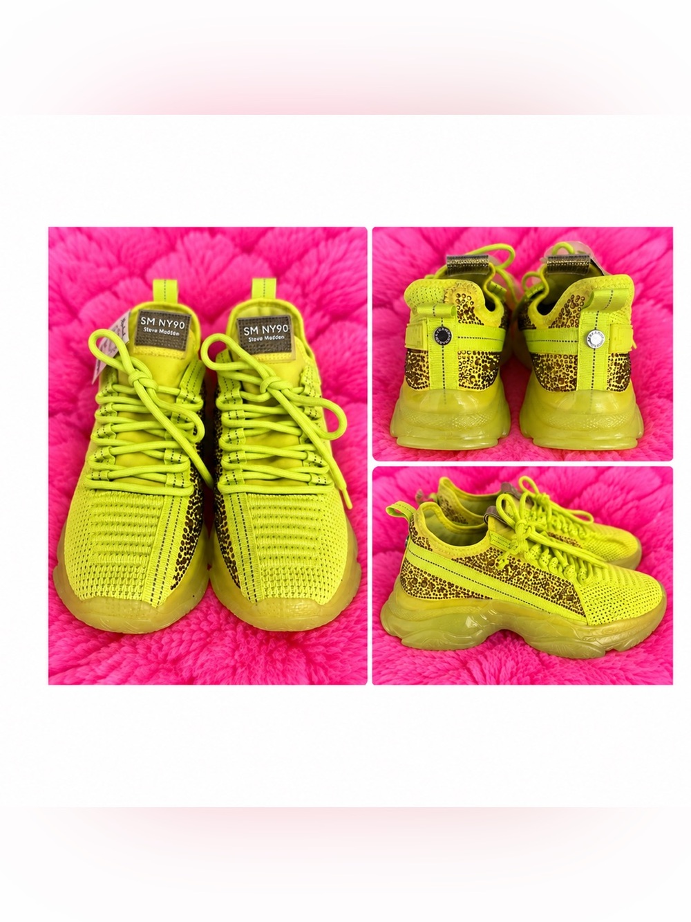 Steve Madden Kids' Neon Yellow Mesh Sneakers with Leopard Accent
